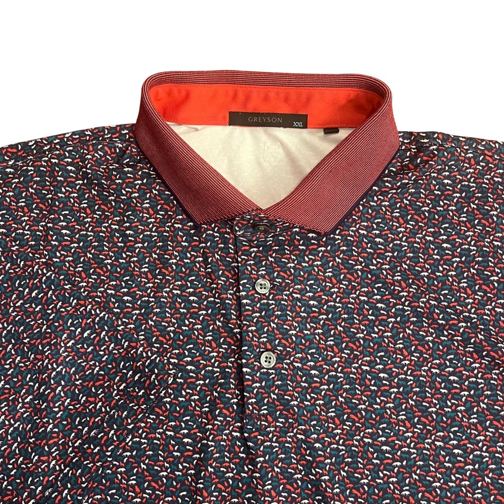 Greyson Polo Shirt Men XXL Navy Red Wolf Micro Print Performance Short Sleeve